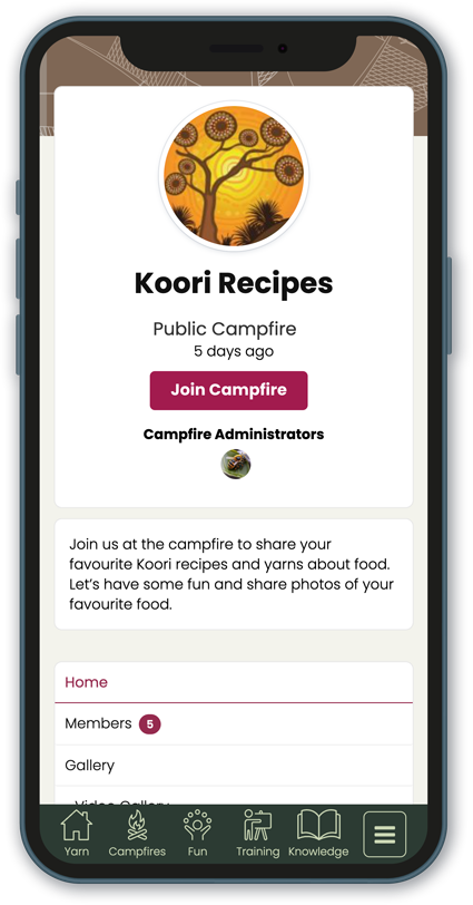 Mobile screenshot of the Koori Recipes Campfire in the Message Stick app